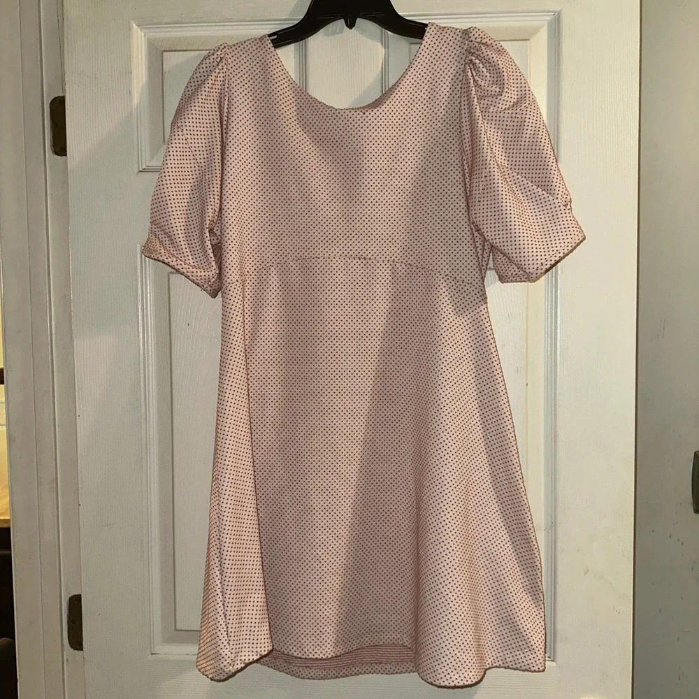 Free People Penelope Mini Dress Pink Polka Dot Puff Sleeve keyhole back size L - Picture 2 of 9